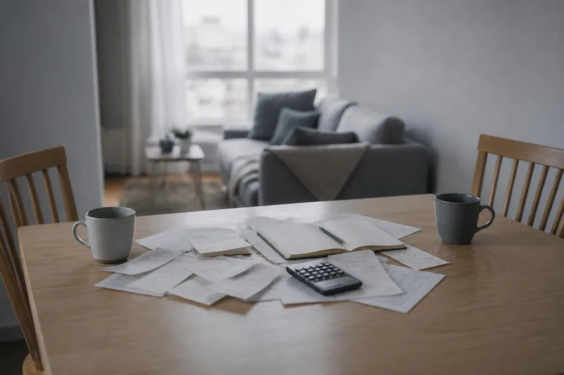 Mesa com duas xícaras e contas, caderno e calculadora espalhados entre elas