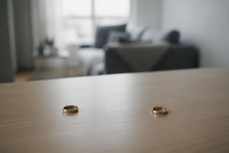 Duas alianças sobre uma mesa de madeira, uma afastada da outra